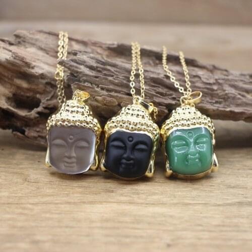 Natural Crystal Carve Buddha head Pendants Gold Chains,Obsidian Aventurine Gems Stone Buddhism Necklace Jewelry Dropship,QC3065