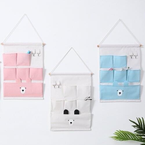 Ear bear 6 Pockets Wall Hanging Storage Bags Cotton Linen Door Organizer Waterproof Pouch Bedroom Home Wall Decoration