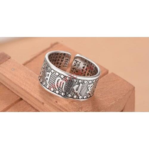 Thai silver, Six Words true words, Heart Sutra, Retro Wide Face start to talk Ring, Collection of Fine Arts and Crafts