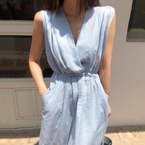 Party High Waist Summer Vintage Boho A-Line Sexy 2021 Dresses Women Short Sleeve Elegant Slim Dress Sleeveless Solid Blue