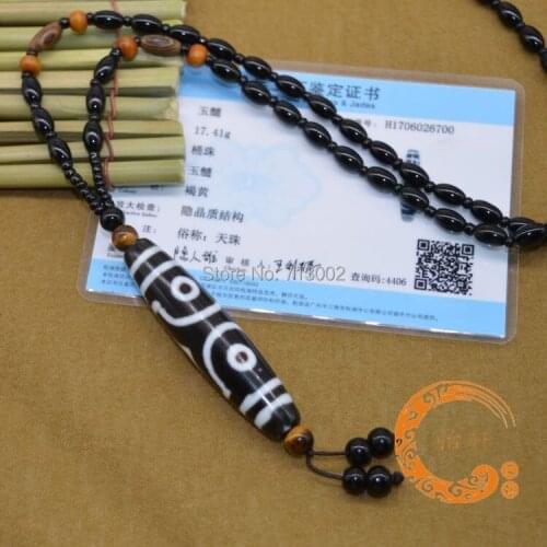 Vintage Tibet Dzi 3 Eyes Bead Pendant Amulet agate Chalcedony Necklace -Bless Lucky