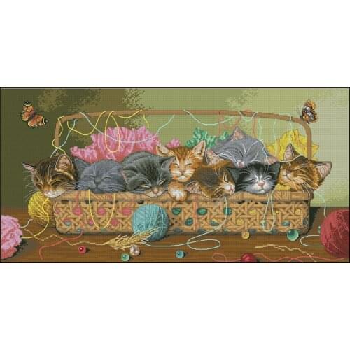 High Quality Cute Counted Cross Stitch Kit Set Cats Kitties in Basket Cat Kitty Litter dim 35184