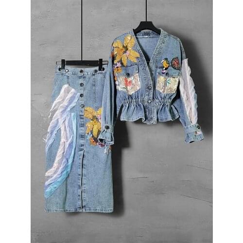 2021 new womens spring splicing split skirt two-piece V-neck denim jacket suit