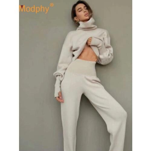 Turtleneck Sweater 2 Pieces Set Women Setchic Knitted Pullover Top + Sweater Pants Jumper Tops Trousers Sweater Suit 2021 Winter