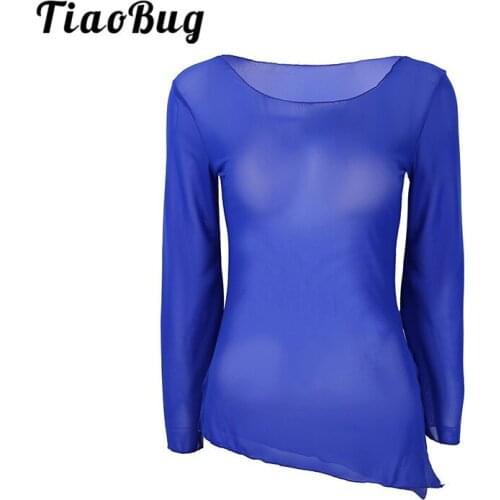 TiaoBug Women Mesh See Through Sheer Ballet Dance Top Cover-up Long Sleeve Side Slit Adult Gymnastics Stage Dance Costume Blouse