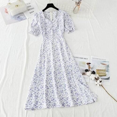 Women Summer V Neck Chiffon Floral Dress Short sleeve Vintage Split Elegant Dress Female Long A Line Sweet Party Vestidos 2021