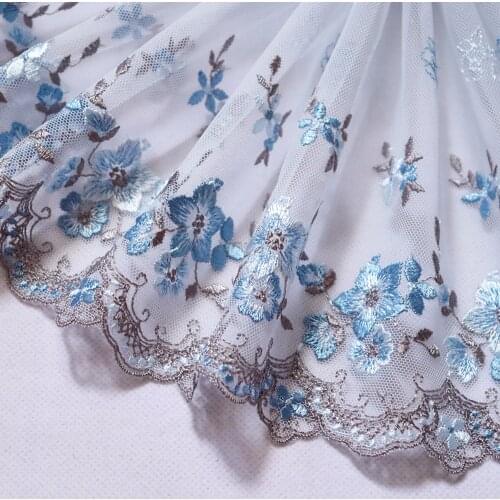 1Meter 21CM Wide Blue Floral Embroidered Lace Trim Blue Mesh Underwear Lingerie Bra Handmade Dress Sewing Fabric Materials DIY