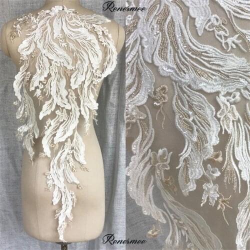 1Pc Sequins Ivory Champagne two-color Embroidered Lace Flower Patch Applique Wedding Dress DIY Accessories 34.5X78cm SX338