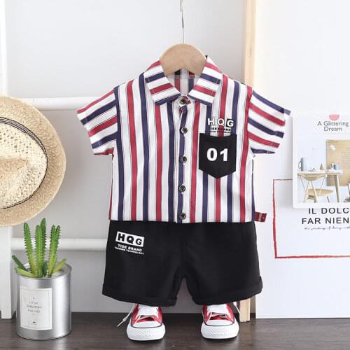 2021 Summer Children Boys Girls Cotton Clothing Baby Cartoon Strips T-shirt Denim Shorts 2Pcs/sets Fashion Kid Casual Tracksuit
