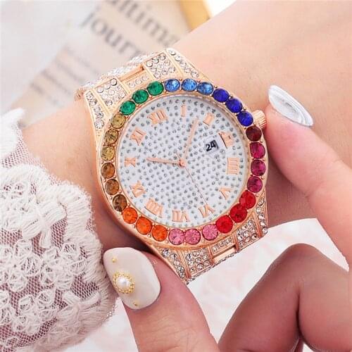 Color full diamond calendar fashion steel belt womens watch new style Roman literal quartz watch