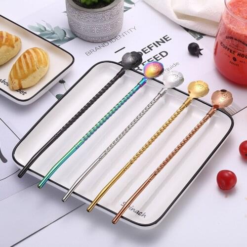 1Pcs Long Twisted Straw Spoon Portable Gold Tea Scoop Reusable Colored Stainless Steel Straws Black Dinnerware Set For Bar Party