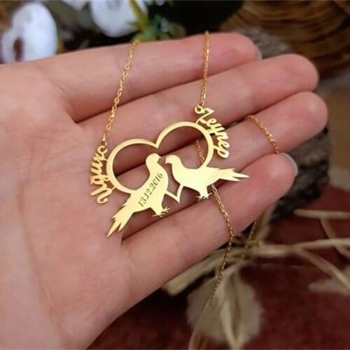 Custom Pigeon Necklaces Simple Heart Charm Stainless Steel Personalized Couple Names Necklace Wedding Anniversary Gift