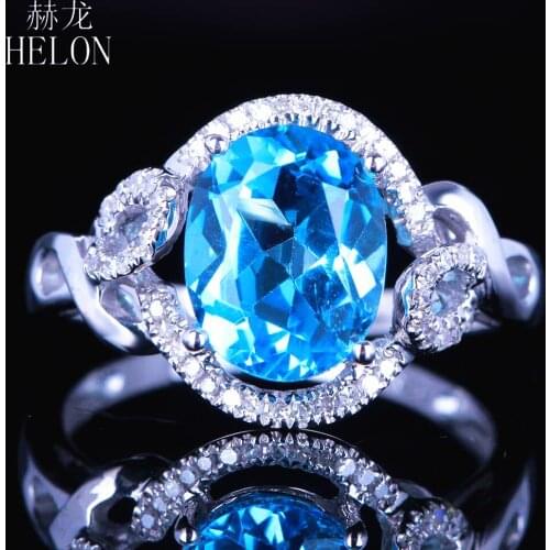 HELON Solid 14K White Gold AU585 Oval 10x8mm Genuine Blue Topaz Diamonds Womens Fine Jewelry Engagement Wedding Ring Best Gift