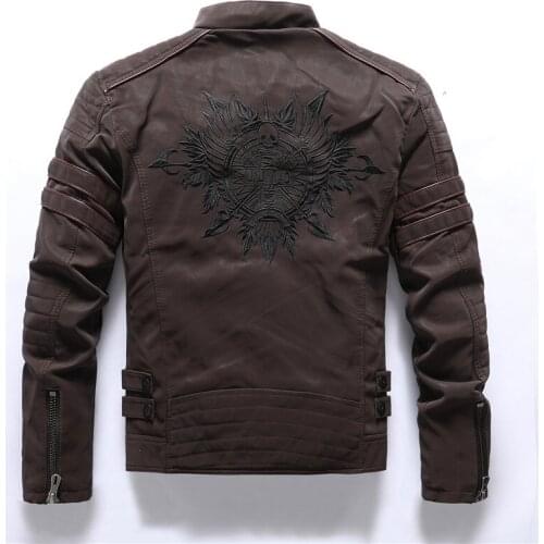 Back Skull Embroidery Motorcycle Faxu Leather Jackets Men Fashion Fleece Warm PU Leather Jackets and Coats Autumn Winter Outwear