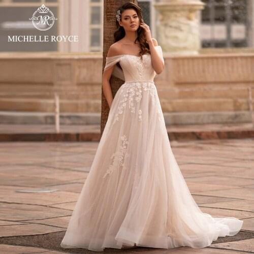 Michelle Royce A-Ling Wedding Dresses 2021 Sexy Sweetheart Off the Shoulder Button Appliques Chapel Train Vestido De Noiva
