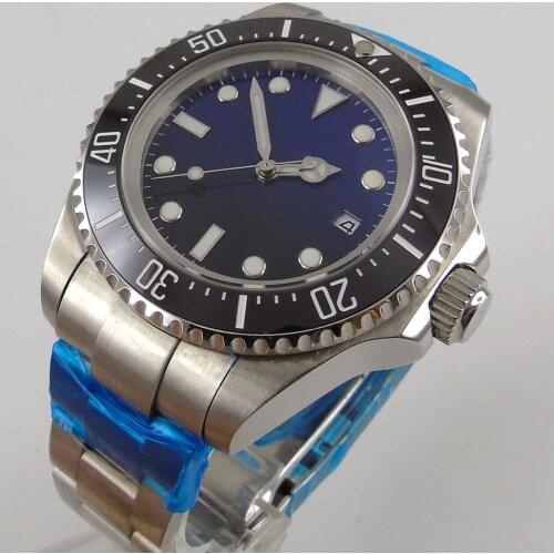 Tandorio 44mm Mens Automatic Watch SEA Black And Blue Dial Date Window Screw In Crown Ceramic Turning Bezel Oyster Bracelet