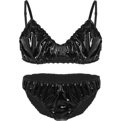 Mens Sissy Erotic Sexy Suit Wetlook Faux Leather Ruffled Lingerie Set Adjustable Spaghetti Strap Bra Top with Briefs Underwear