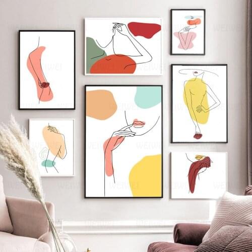 Wall Art Canvas Painting Colorful Drew Line Girl Abstract Nordic Posters And Prints Wall Pictures For Living Room Salon Decor