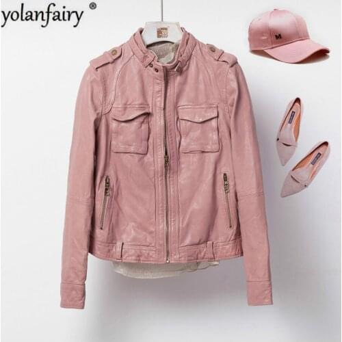2020 New Genuine Leather Jacket Women Real Sheepskin Leather Jacket Pink Motorcycle Coat Ladies Short Cuero Genuino 8729 Pph427