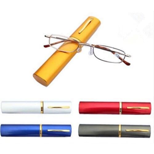 Unisex Reading Glasses with Pen Tube Case Portable Presbyopic Glasses Metal Case Spring Hinge Eyeglasses Care +1.00~+4.00