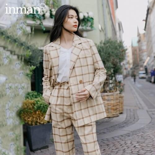 INMAN Spring Autumn Elegnat Casual Retro Style Plaid Pattern Double Breast Button Long Sleeve Blazer