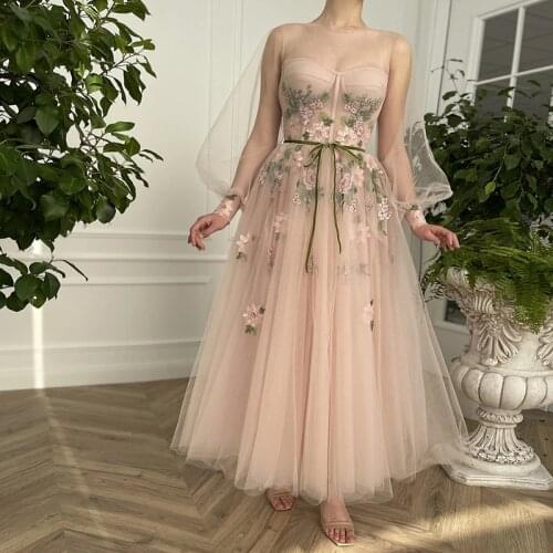 Attractive A-Line Prom Dress 2021 Lovely Transparent Long Sleeve Flowers Ankle Length Women Party Gown