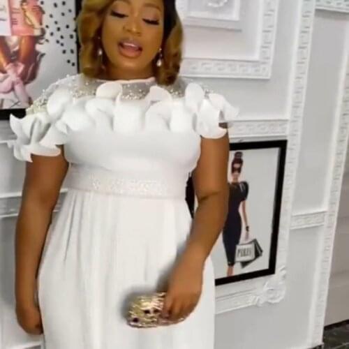 Classy Women Chiffon Dresses Beading Ruffles Pleated Dress Plus Size 3XL 4XL Africa Fashion Summer White Yellow Birthday Outfits