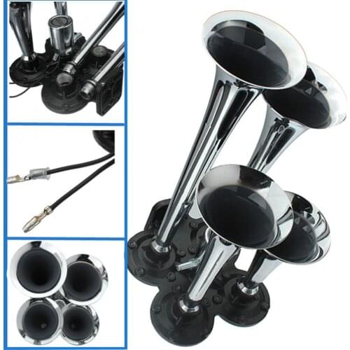 150.2db Silver Chrome Plated Zinc Alloy Super Loud 4-Trumpet Train Air Horn Kit for Truck Lorry Boat Motorcycle Claxon Horns