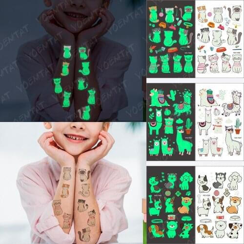 Glow in the Dark Tattoo Stickers Cat Animal Luminous Glitter Child Temporary Waterproof Kitty Tatto Cute Kid Cartoon Fake Tatoo