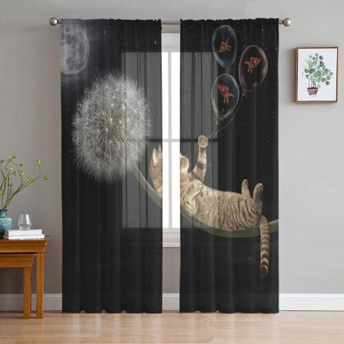 Dandelion Cat Black Window Treatment Tulle Modern Sheer Curtains for Kitchen Living Room the Bedroom Curtains Decoration