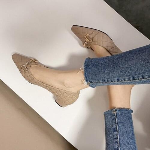 All-match commuter mid-heel womens spring 2021 new rhombus buckle shallow mouth high heels soft top ladies shoes