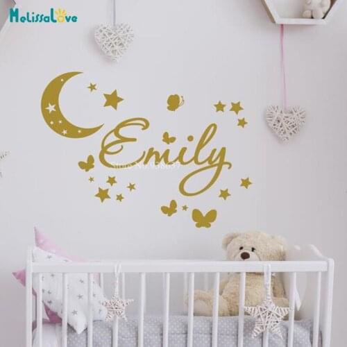 Moon and Stars Butterflies Custom Name Sticker Girl Baby Room Personalized Decal Kids Nursery Decor Vinyl Wall Stickers BA473