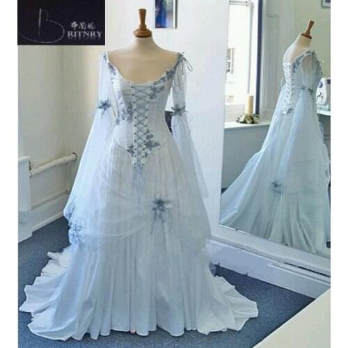 Vintage Celtic Wedding Dresses White and Pale Blue Colorful Medieval Bridal Gowns V Neck Corset Long Bell Sleeves