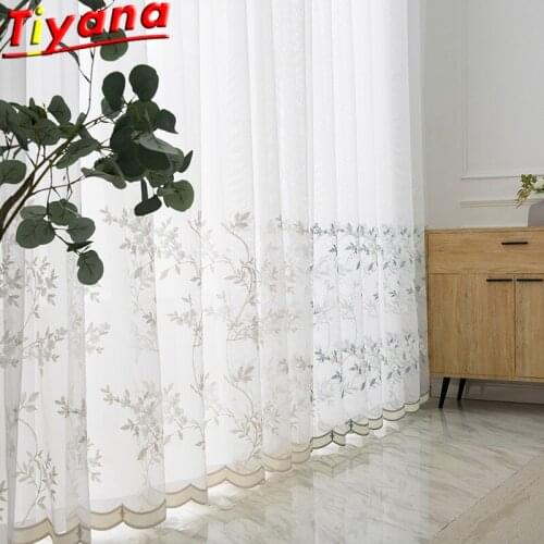 Japanese and Korean Embroidery Small Leaves Tulle Curtains for Living Room White/Blue Leaf Yarn for Balcony Sliding Door#VT