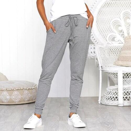 Women Grey Striped Pencil Trousers Women Beam Foot Drawstring Elastic Waist Full Length Leggings Slim Casual Pants with Pockets