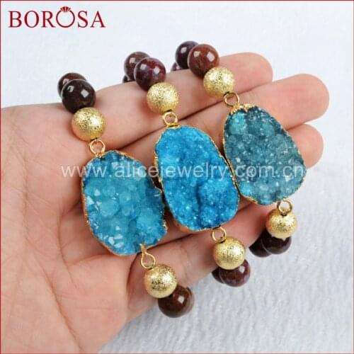 BOROSA Gold Color Blue Stone Druzy Geode Bracelet with10mm Pietersite Stone Beads Bracelet Druzy Jewelry Gems for Women G0295