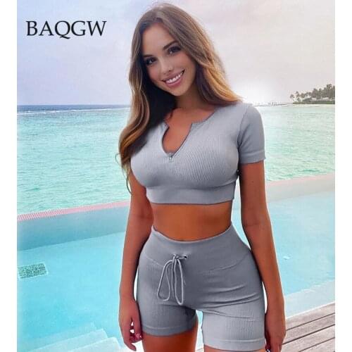 Rib Knitted Zipper Crop Top + Shorts Slim Two Piece Set Women Summer Rib Short Sleeve Tops + Biker Shorts 2ps Sportwear Outfits