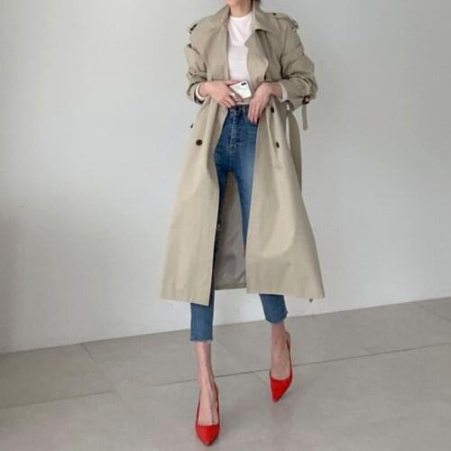 Womens Minimalist Double Breasted Long Trench Coats Sashes Korean High Quality Female Casual Loose Windbreaker