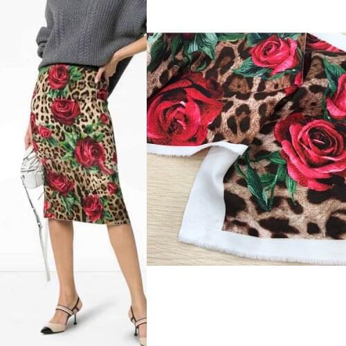 145cm Width Leopard and Rose Printed Soft Polyester Fabric For Woman Spring/Autumn Cady Godet Dress Skirt Shirt Sewing DIY