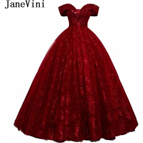 JaneVini Burgundy Bling Glitters Quinceanera Dresses Ball Gown Formal Prom Gowns 2020 Off Shoulder Plus Size sweet 15 16 dresses