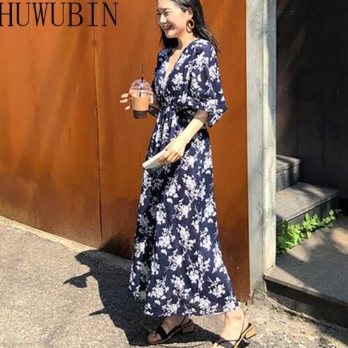 2021 Summer new Womens V-neck Bandage Adjustable Korean version Broken Ffloral Dress A-line Elastic Waist Dress