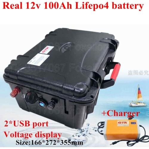 12v 100Ah LIfepo4 battery pack Waterproof case 12v 100Ah LIfepo4 for Outdoor boat motor UPS power 2 USB + 10A charger