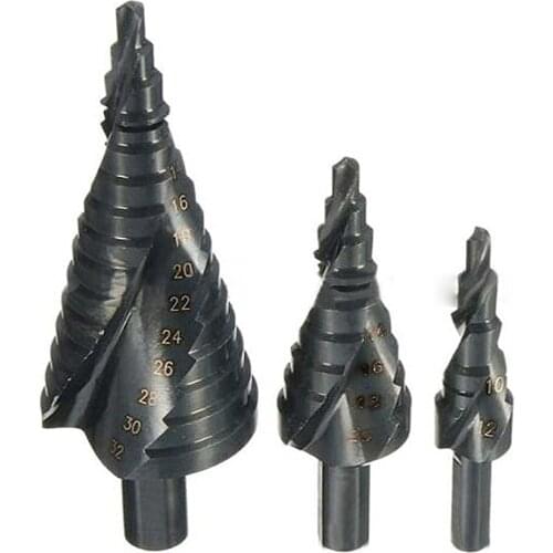 3 Pcs Spiral step drill 4-12/20/32mmTitanium HSS Step Drill Bit Set Nitrogen High Speed Steel Spiral For Metal Cone Triangle