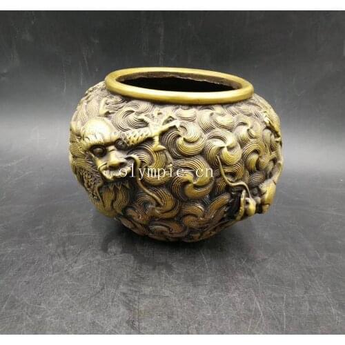 6'' copper carved auspicious animal sea Dragon pot vase jar writing-brush washer