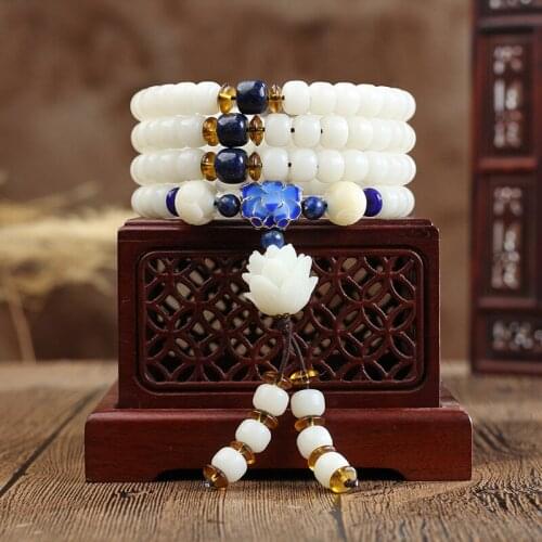 6x8mm White Jade Bodhi Beaded Bracelet Buddhist Buddha Meditation 108 Prayer Bead Mala Multilayer Bracelet lotus Necklace