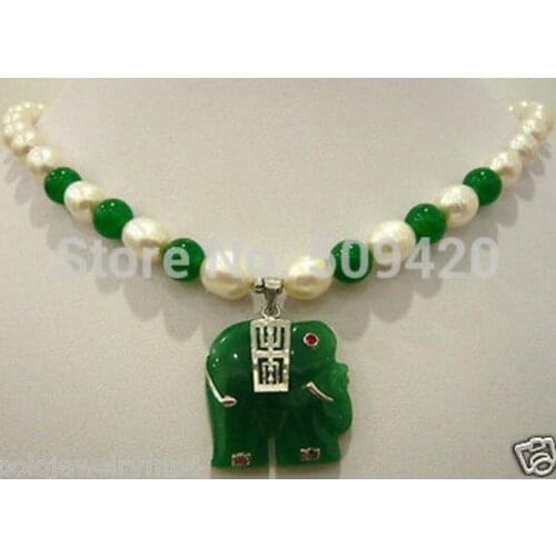 Free Shipping New White pearl & green jade necklace+elephant pendant
