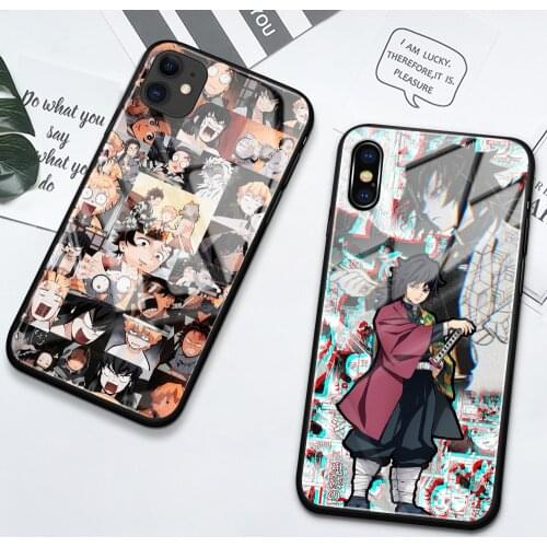 Case for iPhone X XR XS Max 11 12 Pro Max 6 6s 7 8 Plus Glass Glossy Cover Shell Demon Slayer Kimetsu No Yaiba Anime Design