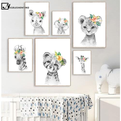 Baby Flower Animal Lion Zebra Nursery Poster Print Black White Wall Art Canvas Painting Nordic Kid Bedroom Decoration Picture