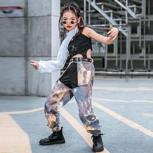 Girls Dancing Costumes One-Sleeve Tops Tie Dye Pants Jazz Hiphop Street Dance Performance Dancewear School Stage Wear YS1161