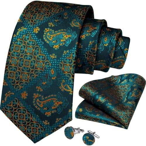 Teal Gold Paisley Floral 100% Silk Tie 8cm Men Wedding Business Necktie Pocket Square Cufflinks Set Wedding Accessories DiBanGu